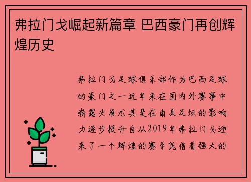 弗拉门戈崛起新篇章 巴西豪门再创辉煌历史